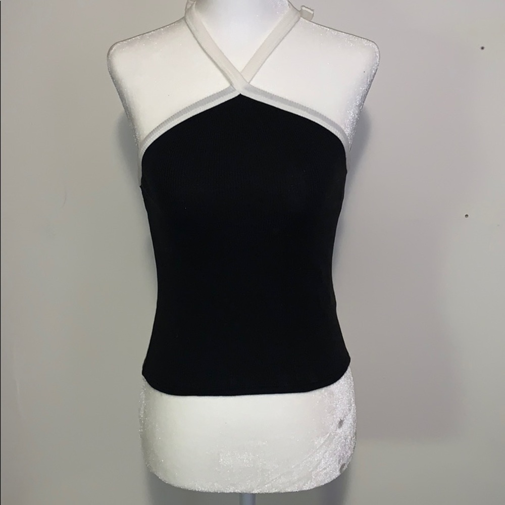 Black and white cross front, tie back halter top